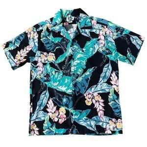 Vintage Hilo Hattie Men's Aloha Hawaiian green floral short sleeve shirt large